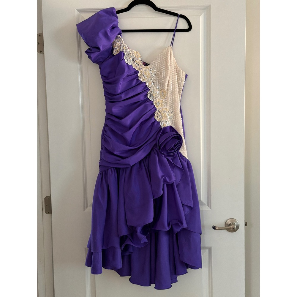 Vintage Purple One Shoulder Gown Sequin Ruffle High Low Rosette Dress